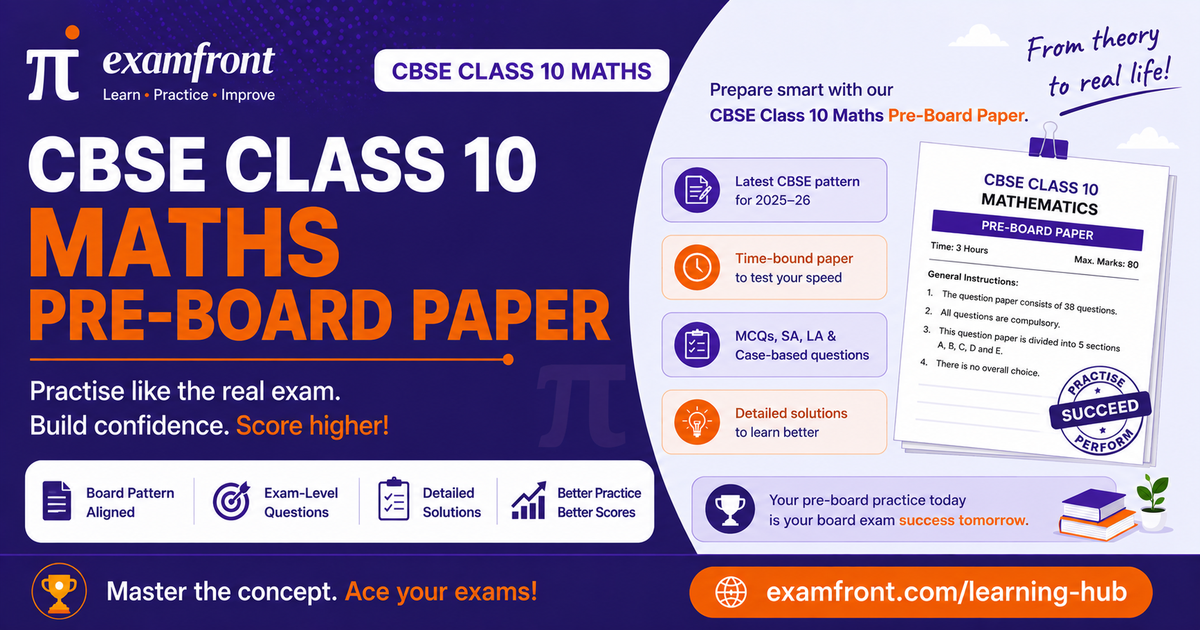CBSE Class 10 Maths pre-board paper poster listing exam pattern, timing and detailed solutions