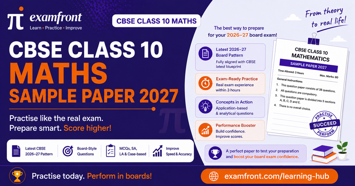 examfront banner announcing the CBSE Class 10 Maths sample paper 2027 with the confirmed exam pattern