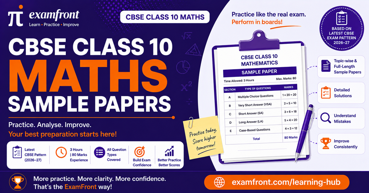 Student reviewing CBSE Class 10 Maths sample papers with sections, marks and a practice checklist