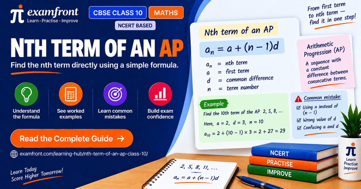 examfront card showing the nth term of an AP formula for CBSE Class 10 NCERT Maths