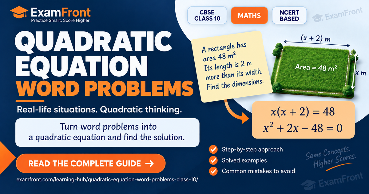 Quadratic equation word problems class 10 card: CBSE and NCERT badges above a 48 m² plot