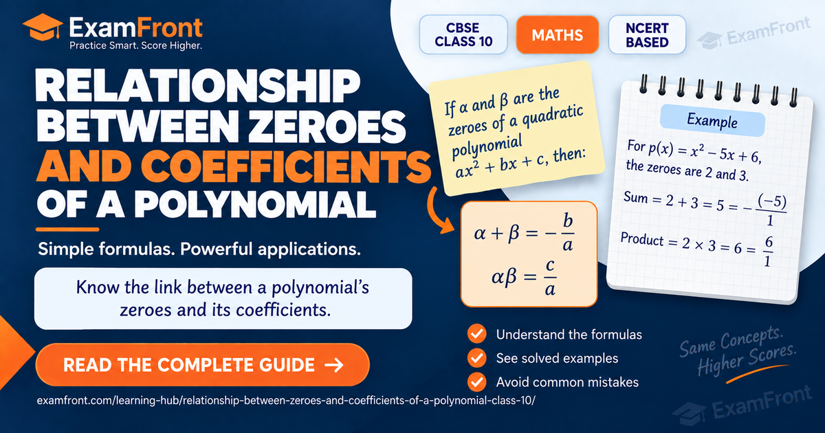 examfront card showing the relationship between zeroes and coefficients of a polynomial for CBSE Class 10